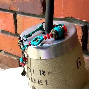 Red and Aqua Leather Charm Bracelet Handmade